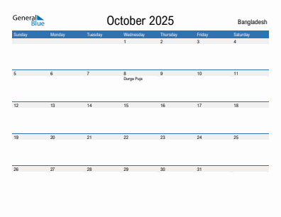 Current month calendar with Bangladesh holidays for October 2025