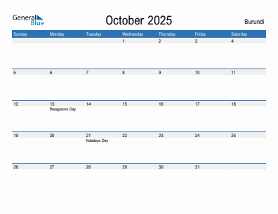 Current month calendar with Burundi holidays for October 2025