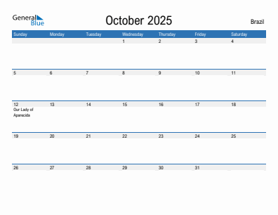Current month calendar with Brazil holidays for October 2025