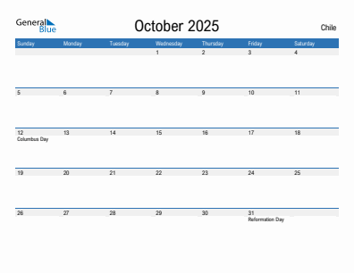 Current month calendar with Chile holidays for October 2025