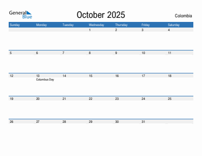 Current month calendar with Colombia holidays for October 2025