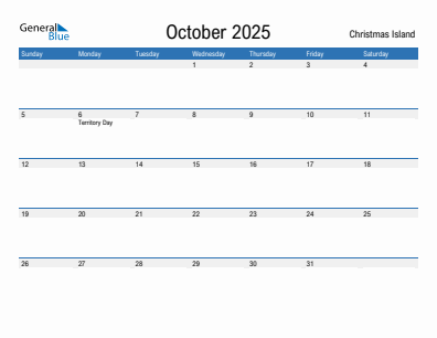 Current month calendar with Christmas Island holidays for October 2025