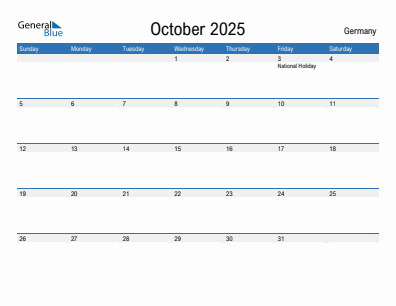 Current month calendar with Germany holidays for October 2025