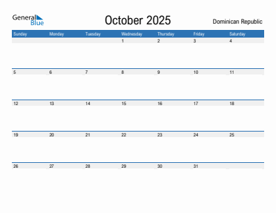 Current month calendar with Dominican Republic holidays for October 2025