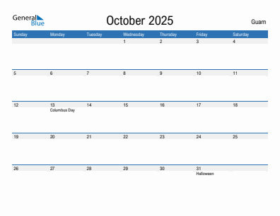 Current month calendar with Guam holidays for October 2025