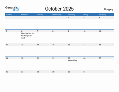 Current month calendar with Hungary holidays for October 2025