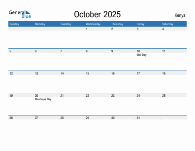 Current month calendar with Kenya holidays for October 2025