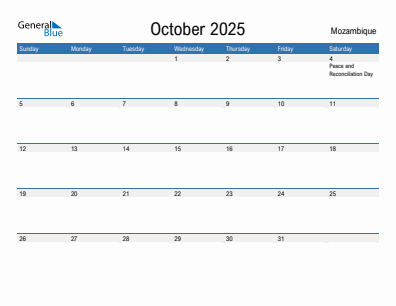 Current month calendar with Mozambique holidays for October 2025