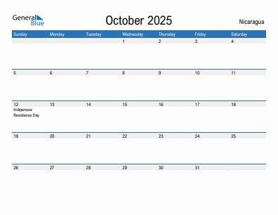 Current month calendar with Nicaragua holidays for October 2025