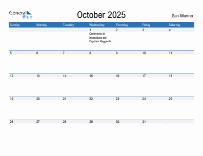 Current month calendar with San Marino holidays for October 2025
