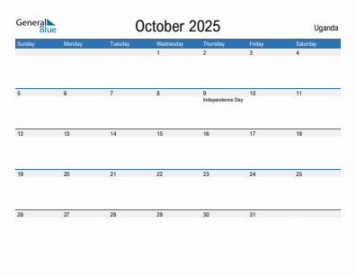 Current month calendar with Uganda holidays for October 2025