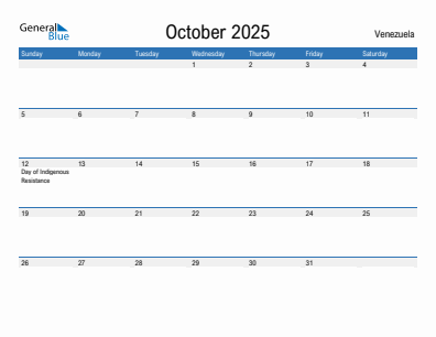 Current month calendar with Venezuela holidays for October 2025
