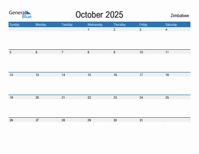 Current month calendar with Zimbabwe holidays for October 2025