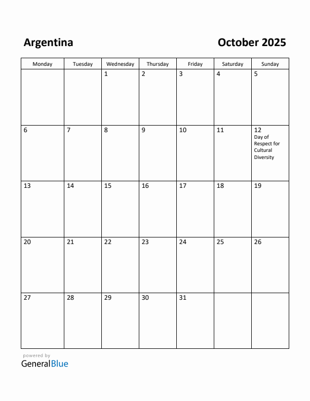 October 2025 Calendar with Argentina Holidays