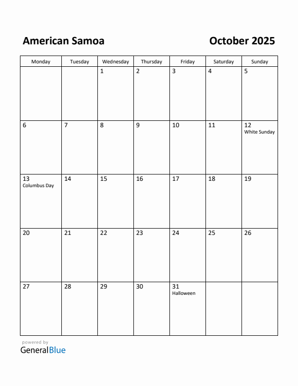 October 2025 Calendar with American Samoa Holidays