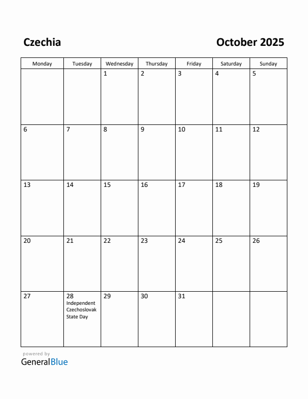October 2025 Calendar with Czechia Holidays