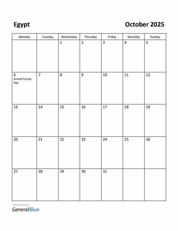 October 2025 Calendar with Egypt Holidays