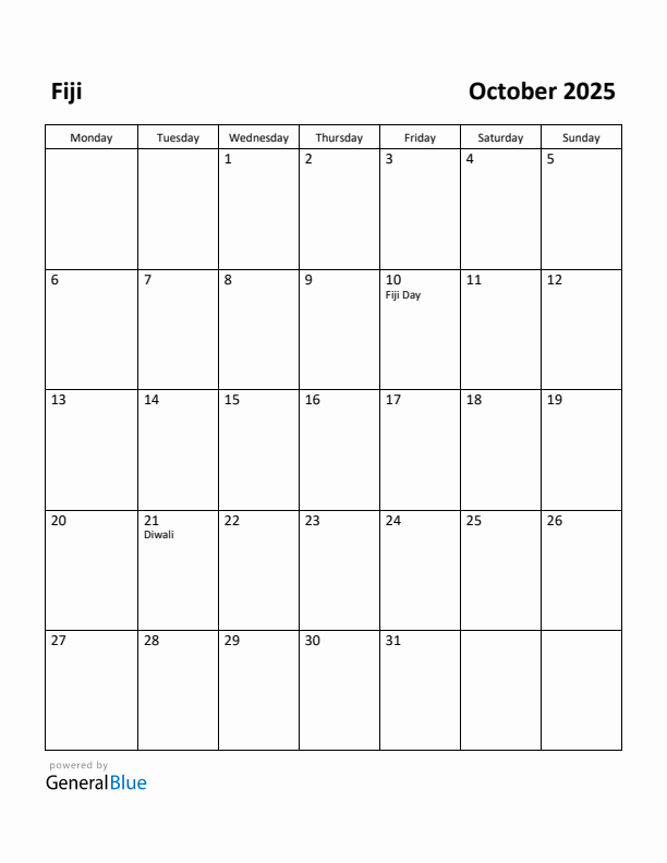 October 2025 Calendar with Fiji Holidays