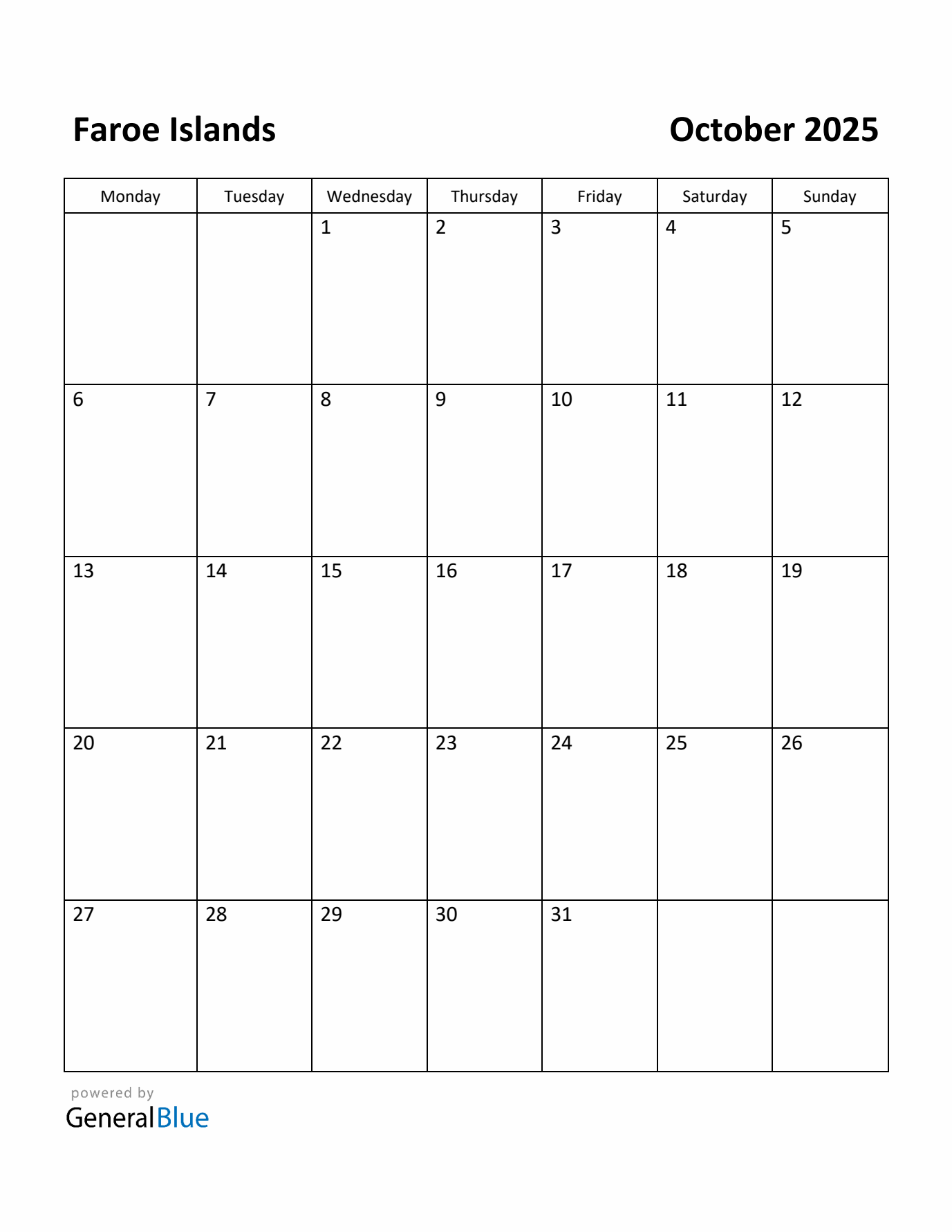 October 2025 Calendar with Faroe Islands Holidays