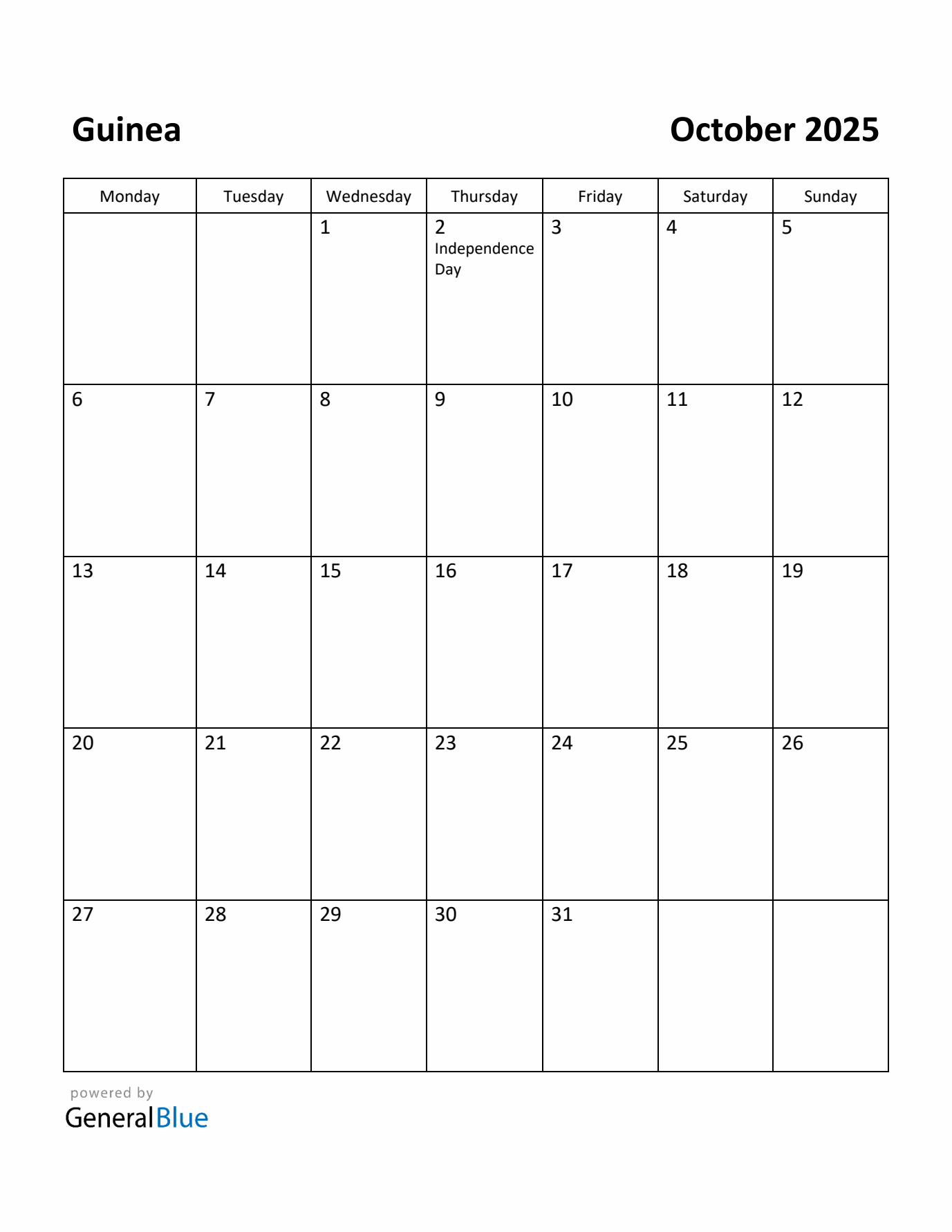 October 2025 Calendar with Guinea Holidays