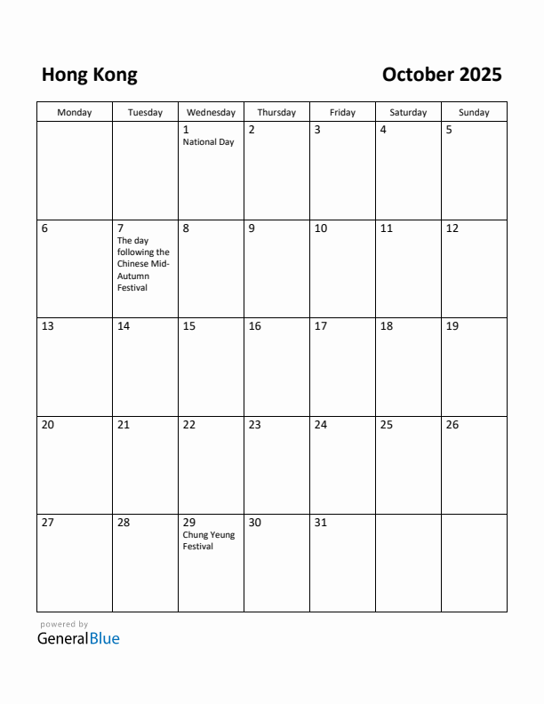 October 2025 Calendar with Hong Kong Holidays