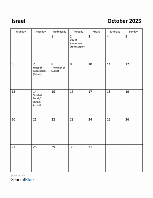 October 2025 Calendar with Israel Holidays
