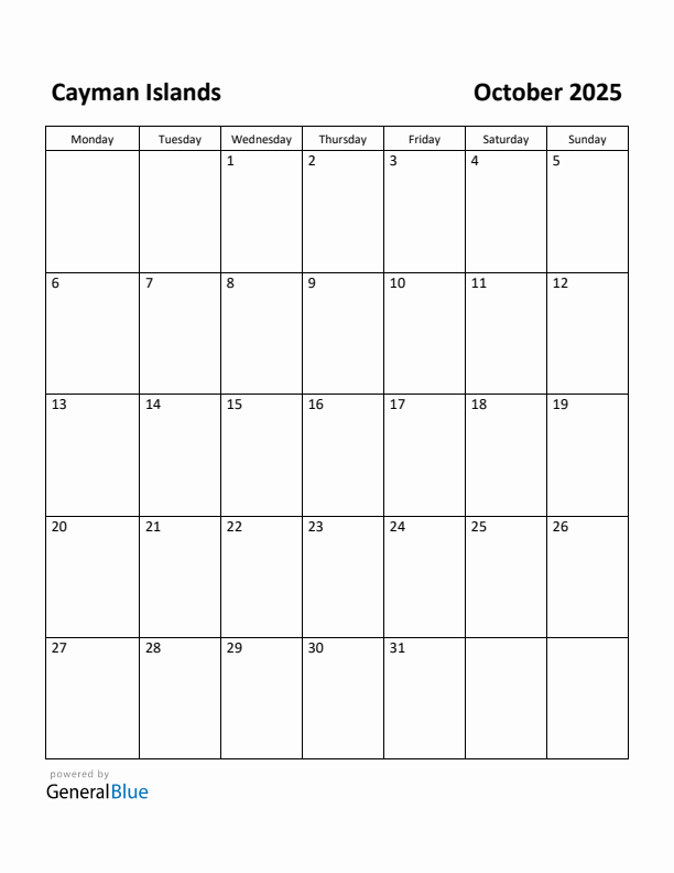 October 2025 Calendar with Cayman Islands Holidays