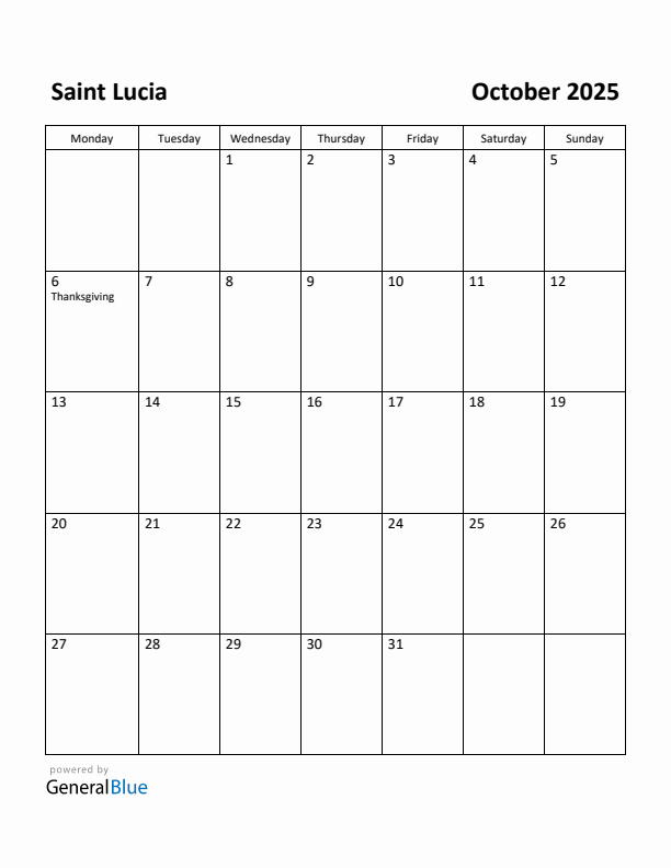 October 2025 Calendar with Saint Lucia Holidays
