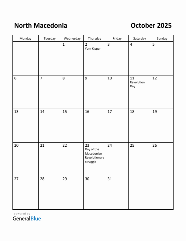 October 2025 Calendar with North Macedonia Holidays