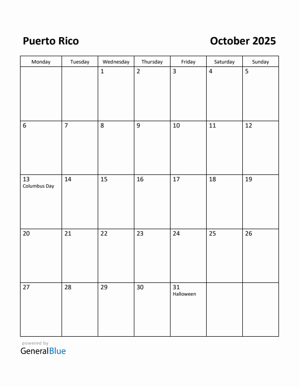 October 2025 Calendar with Puerto Rico Holidays