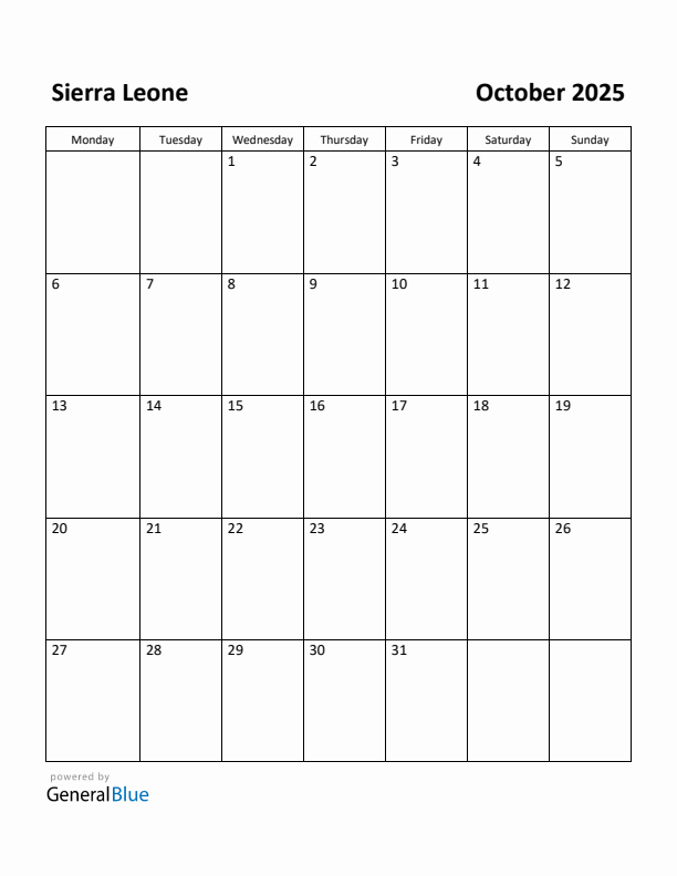 October 2025 Calendar with Sierra Leone Holidays