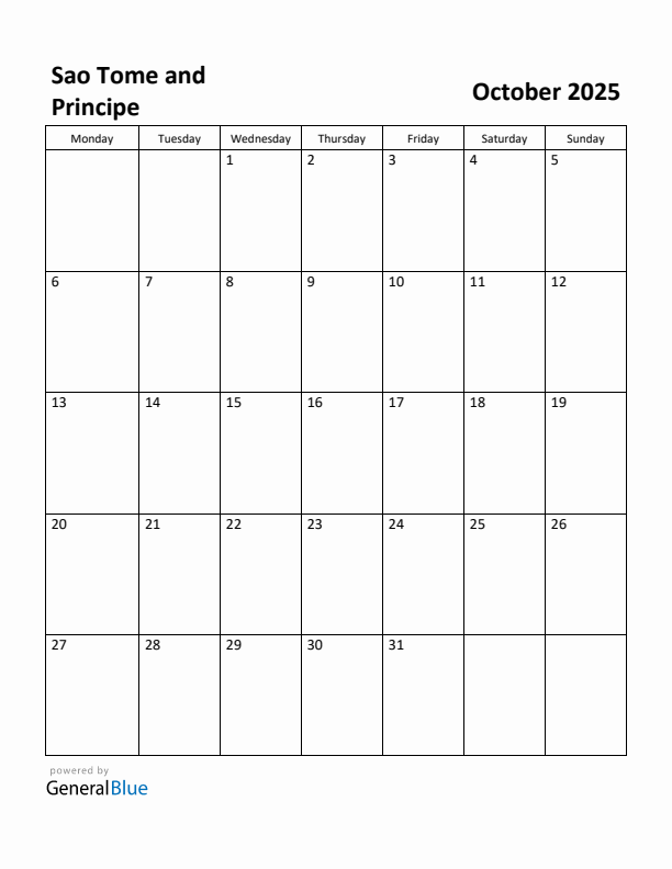 October 2025 Calendar with Sao Tome and Principe Holidays