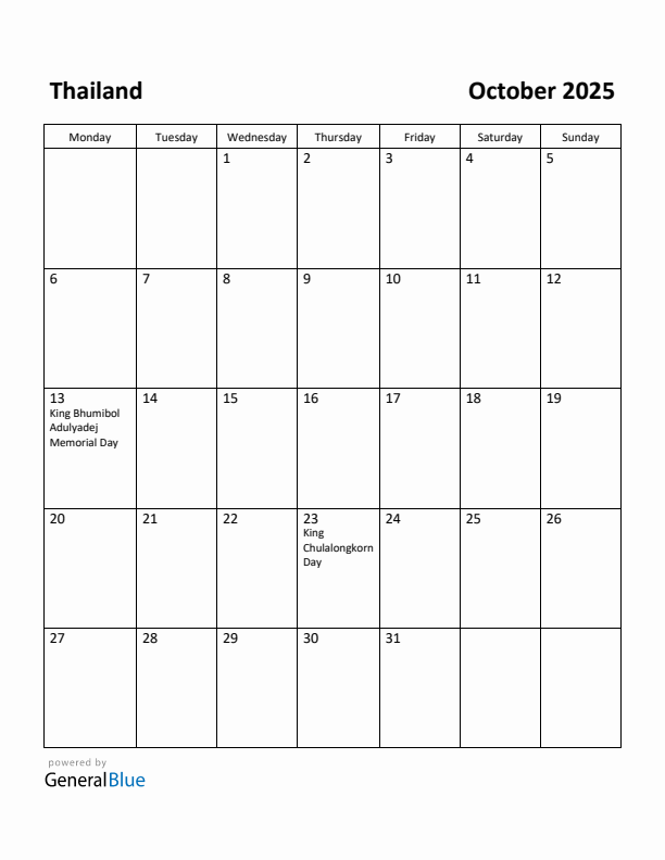 October 2025 Calendar with Thailand Holidays