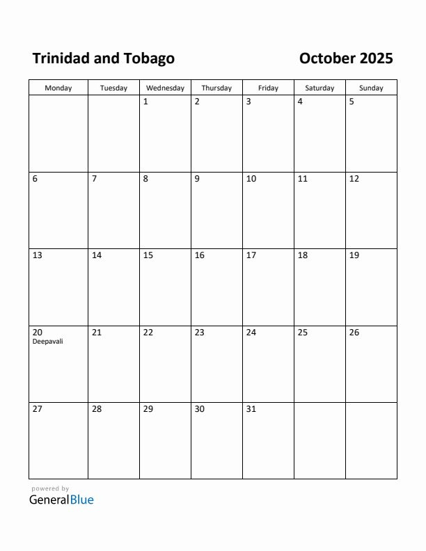 October 2025 Calendar with Trinidad and Tobago Holidays