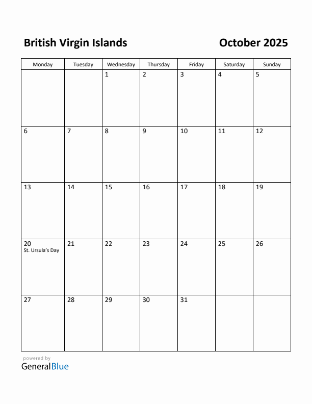 October 2025 Calendar with British Virgin Islands Holidays