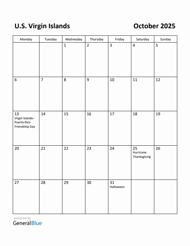October 2025 Calendar with U.S. Virgin Islands Holidays