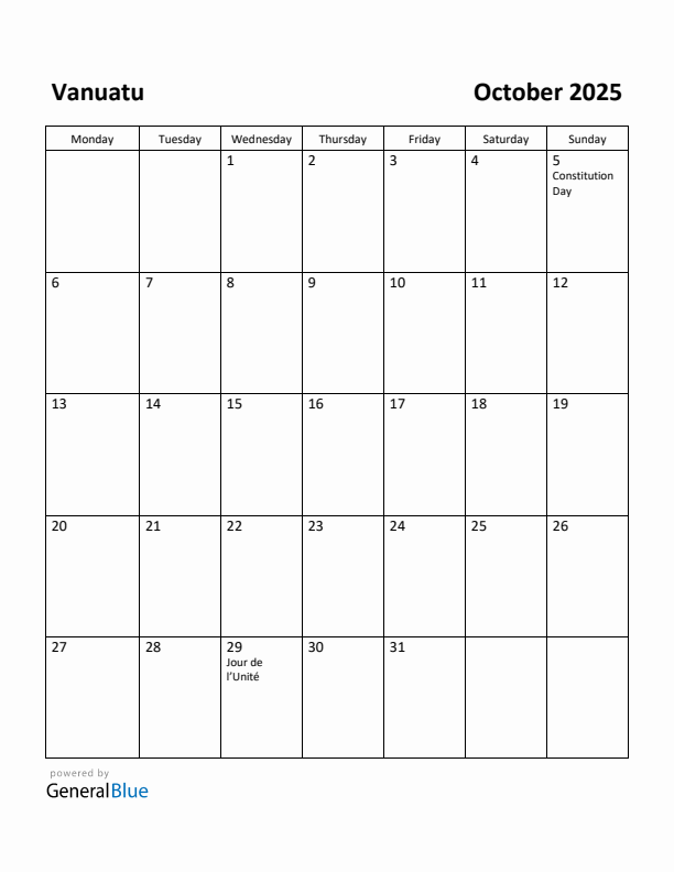 October 2025 Calendar with Vanuatu Holidays