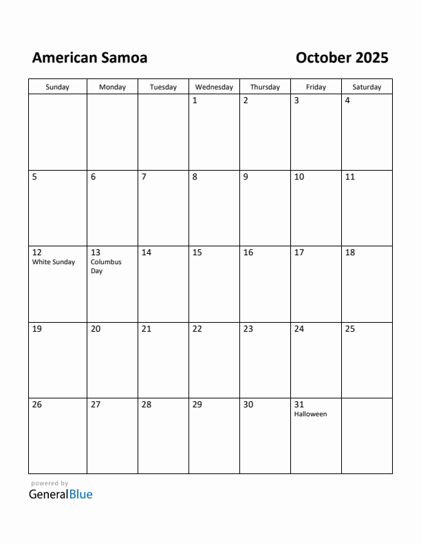 October 2025 Calendar with American Samoa Holidays