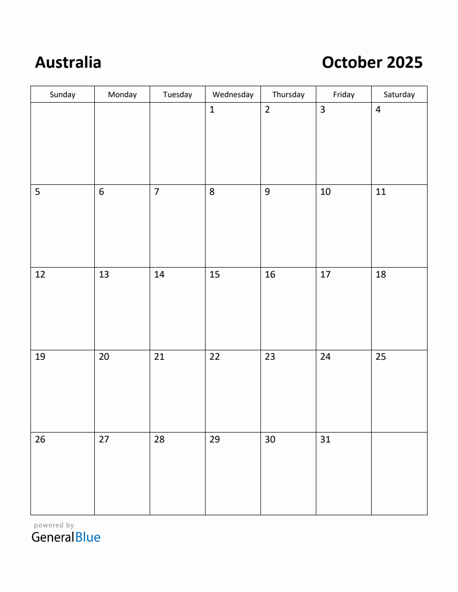 Free Printable October 2025 Calendar for Australia
