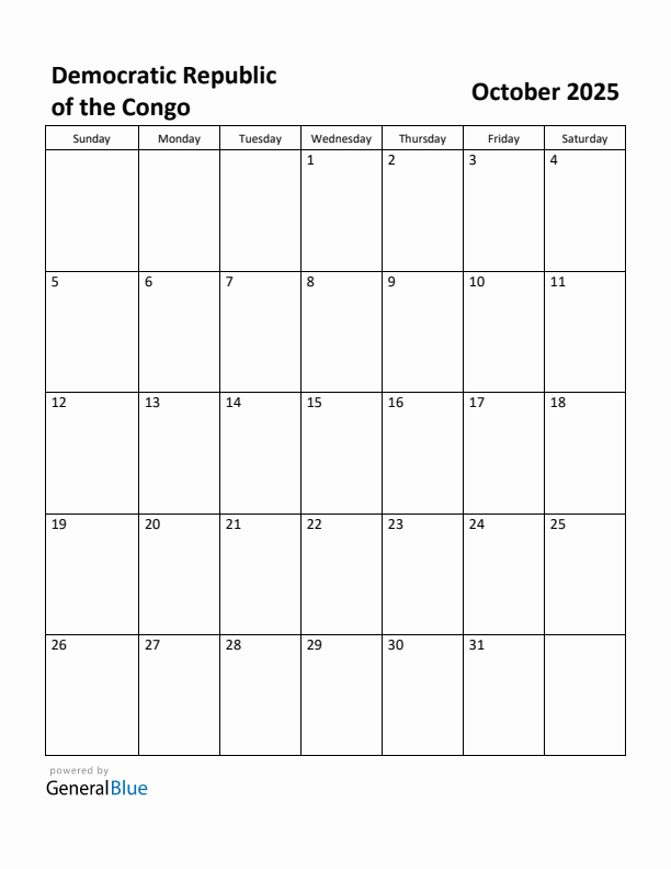October 2025 Calendar with Democratic Republic of the Congo Holidays