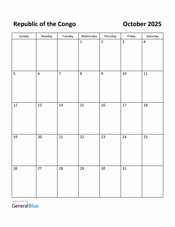 October 2025 Calendar with Republic of the Congo Holidays