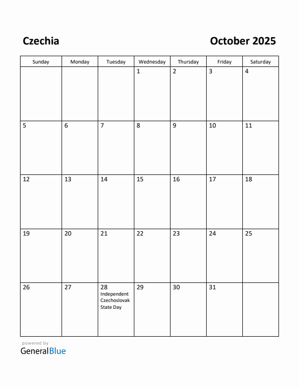October 2025 Calendar with Czechia Holidays