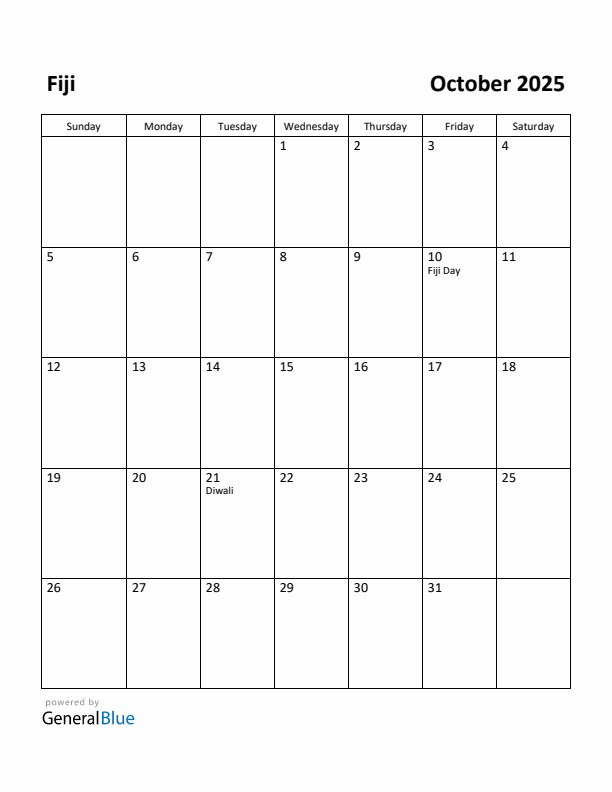 October 2025 Calendar with Fiji Holidays