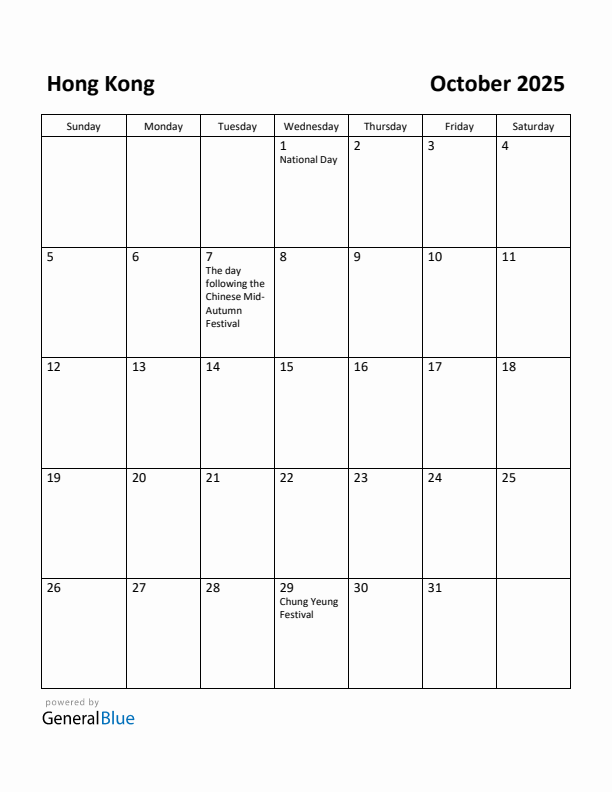 October 2025 Calendar with Hong Kong Holidays