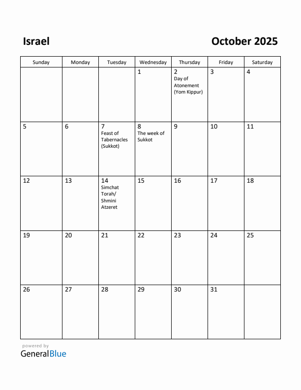 October 2025 Calendar with Israel Holidays