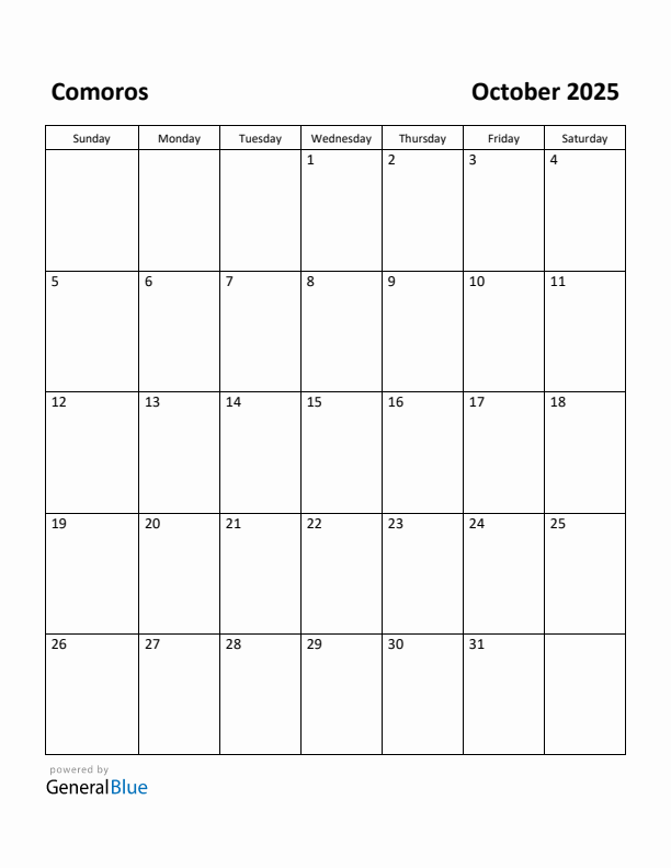 October 2025 Calendar with Comoros Holidays