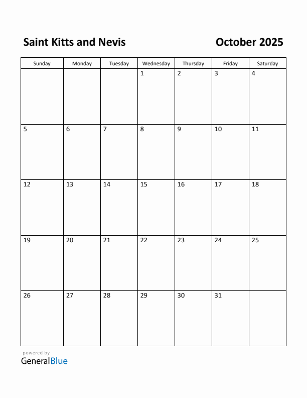 October 2025 Calendar with Saint Kitts and Nevis Holidays