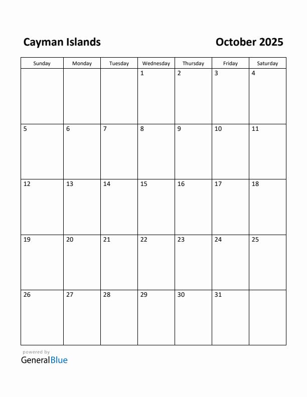 October 2025 Calendar with Cayman Islands Holidays