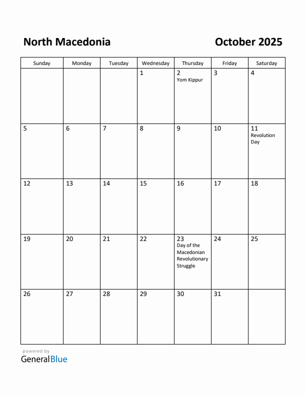 October 2025 Calendar with North Macedonia Holidays