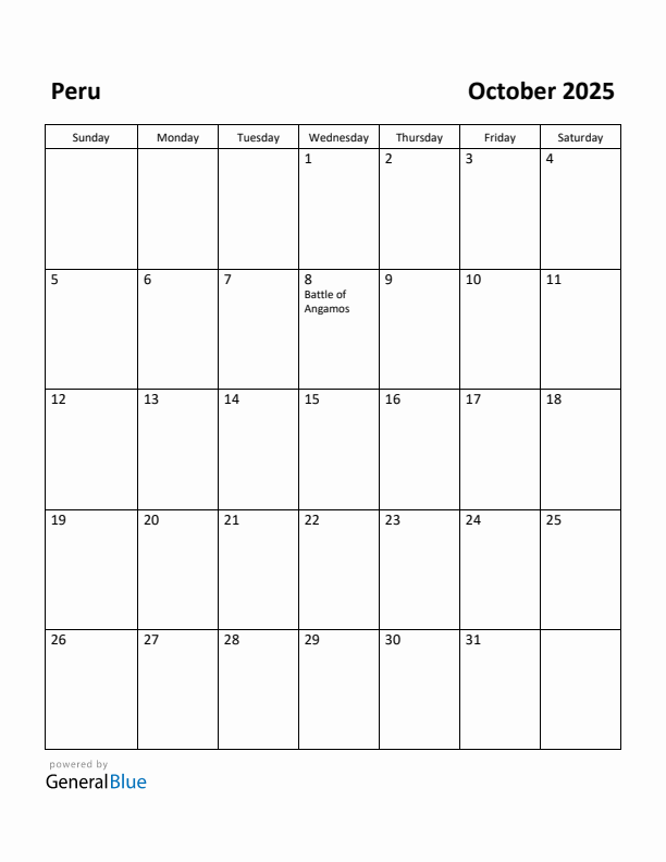 October 2025 Calendar with Peru Holidays